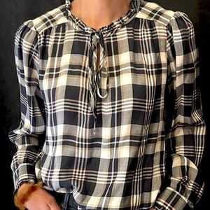 Loft plaid ruffled neck and sleeve top